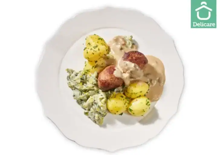 Kalfsgehaktballetjes Met Uiensaus, Prei En Gestoomde Aardappelen (Natriumarm)